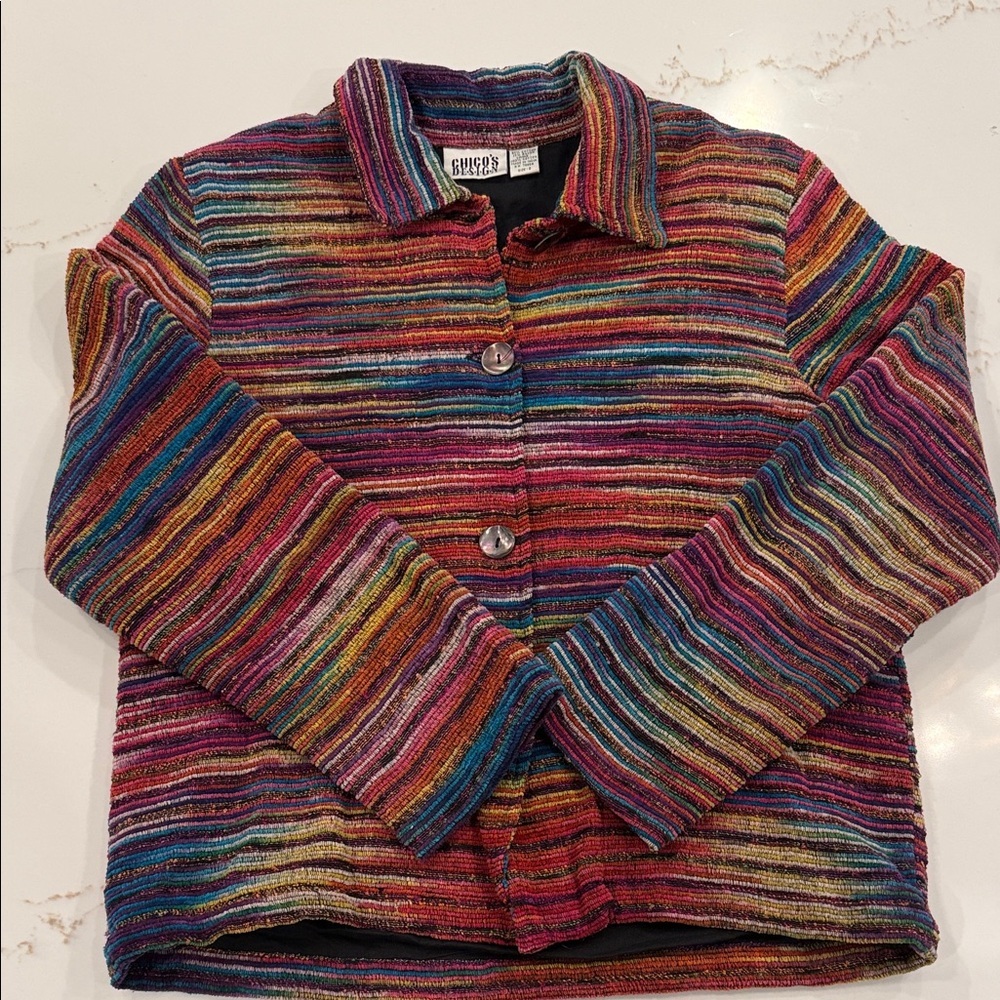 Vintage Chico’s Design Multicolor Striped Button Down Textured Jacket Size 0